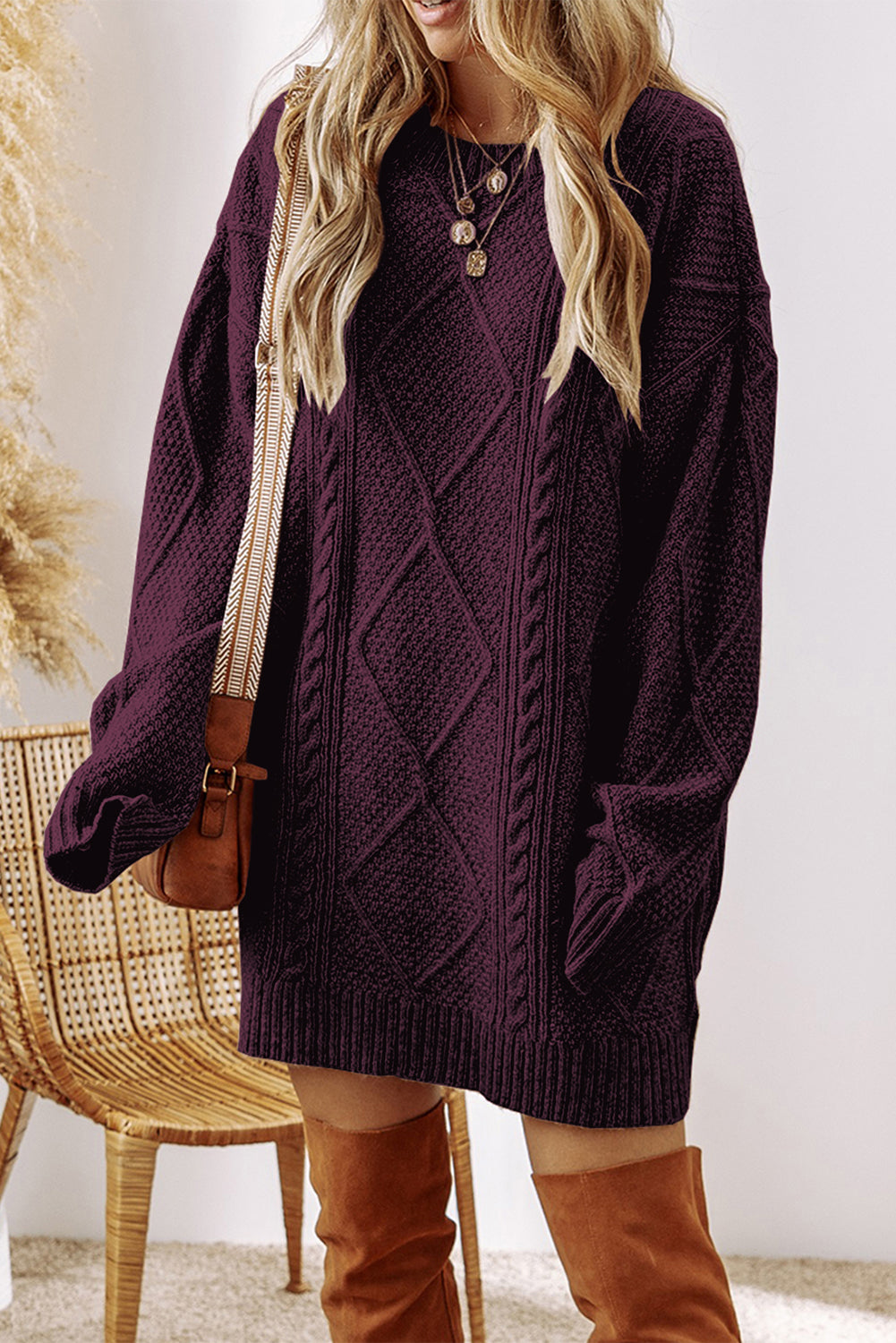 Mist Green Cable Knit Drop Shoulder Loose Fit Sweater Dress
