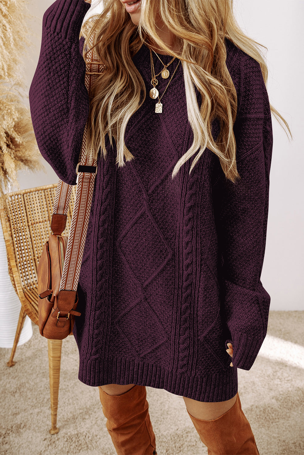 Mist Green Cable Knit Drop Shoulder Loose Fit Sweater Dress