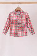 Red plaid pocket button down shirt
